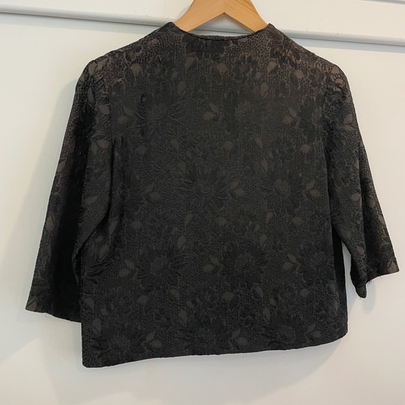 Vintage Black Brocade Jacquard Collarless Cropped Jacket 3/4 Sleeve - Picture 8 of 9
